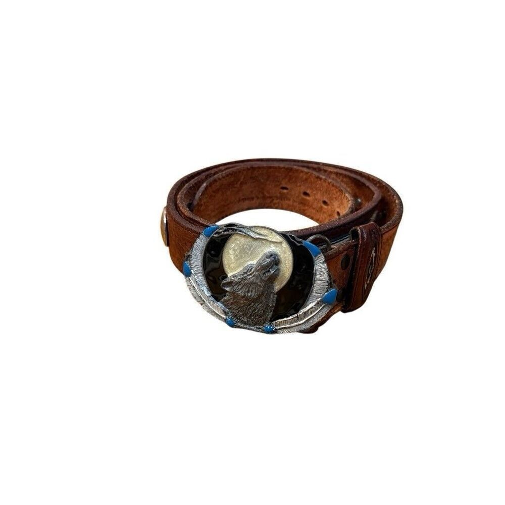 Siskiyou Vintage Belt Wolf & Feathers Enameled w/ Leather Belt L